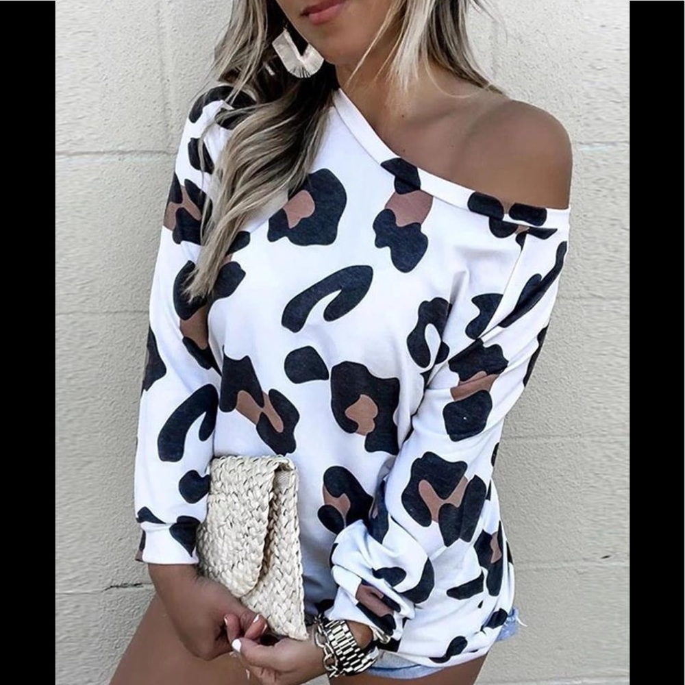 Cheetah Print One-shoulder T-shirt hirt Casual Longsleeve